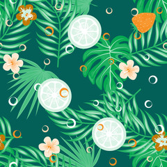Fruit and citrus seamless pattern with strawberries and oranges on a green background. Tropical background with fruits and leaves.