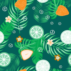 Fruit and citrus seamless pattern with strawberries and oranges on a green background. Tropical background with fruits and leaves.