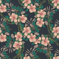 Tropical pattern with hibiscus flowers and leaves on a dark background. Floral background.