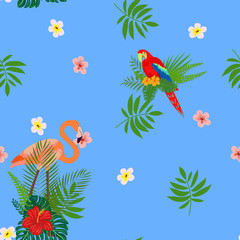 Tropical seamless pattern with exotic birds. Background with flamingo, parrot, toucan and with tropical leaves.