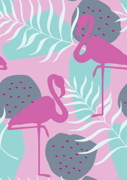 Pattern with pink flamingo. Floral seamless pattern with flamingo and tropical leaves.