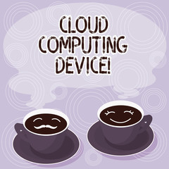 Text sign showing Cloud Computing Device. Conceptual photo Shared pools of configurable computer system resource Sets of Cup Saucer for His and Hers Coffee Face icon with Blank Steam