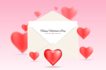 Happy valentines day postcard or sale background with red heart shape., Romance letter mail of valentines celebration event., Season of love and holiday in February., Vector, Illustration.
