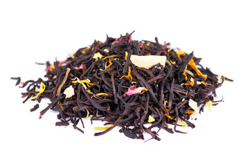 Black ceylon tea with rose petals, cornflowers, sunflower and almond slices, isolated on white background.