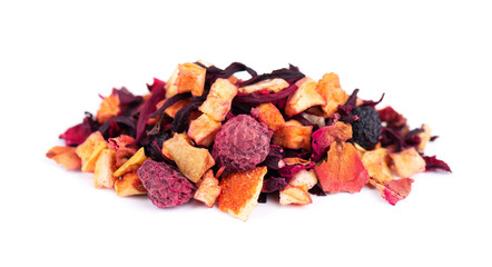 Fruit tea with hibiscus, apple, raspberry, rose petals and dog-rose, isolated on white background.