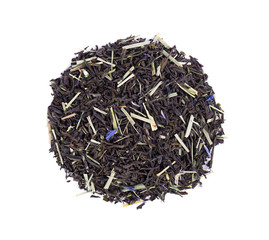 Black Ceylon tea with lemongrass and cornflower petals isolated on a white background. Top view.