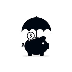 Piggy bank with umbrella concept for safe investment, finance for protection, Vector illustration