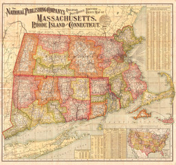 1900, National Publishing Railroad Map of Connecticut, Massachusetts, and Rhode Island