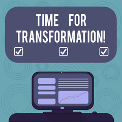Conceptual hand writing showing Time For Transformation. Business photo showcasing Phase for dramatic change in form or appearance Mounted Computer Screen with Line Graph on Desk Text Box