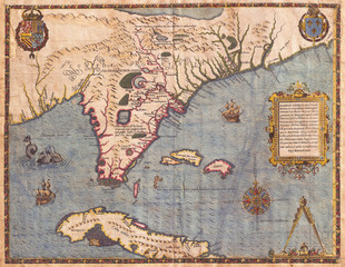 1591, De Bry and Le Moyne Map of Florida and Cuba
