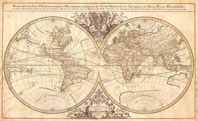 Fototapeta na wymiar 1691, Sanson Map of the World on Hemisphere Projection