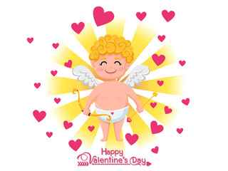 Happy Valentine's Day. Funny cupid cartoon character with bow and arrow on Golden light background. Vector Illustration elements of a Valentine