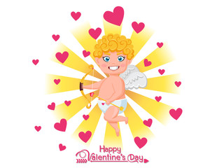Happy Valentine's Day. Funny cupid cartoon character with bow and arrow on Golden light background. Vector Illustration elements of a Valentine