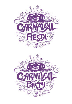 Carnaval Fiesta. Carnival Party. logo in spanish and english. Two beautiful vintage titles. Hand drawn vector templates with Masquerade Mask.