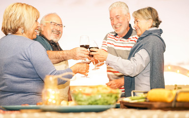 Happy senior friends toasting with red wine at barbecue dinner in terrace - Mature people dining and cheering together drinking wine on rooftop - Friendship and elderly lifestyle concept
