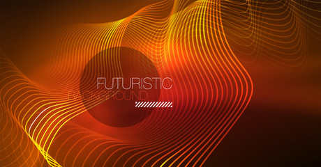 Abstract shiny glowinng color wave design element on dark background - science or technology concept