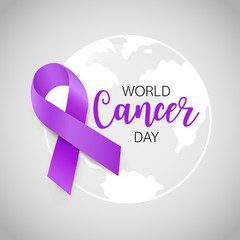 World Cancer Day, February 4. Purple ribbon, Health care concept.  Cancer Awareness icon design for poster and banner. Vector illustration.