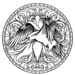 Line art illustration of angel wings with a heart and a raven. Vintage print. Sketch for tattoo, hipster t-shirt design, vintage style posters. Coloring book for kids and adults.