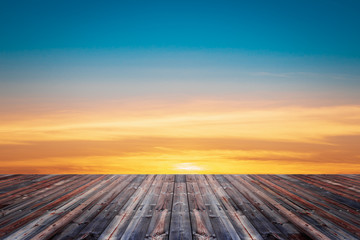 Vintage blue sky with clouds and wood floor background