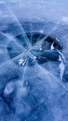 The frozen lake surface, showing a variety of textures. Blue background of Ice texture. 