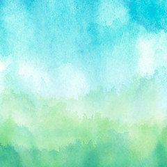 Naklejka premium Watercolor blue, green background, blot, blob, splash of blue, green paint. Watercolor blue, green sky, spot, abstraction. Wild grass, bushes, country abstract landscape. Watercolor card, banner.