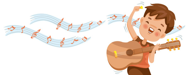 Boy playing guitar. Note on the white background. Billboard or branner design. Gaps fill your data to fill. Concept illustrations for web pages, schools, special classes for children. Vectors