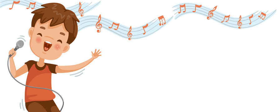 Boy singing. Note on the white background. Billboard or branner design. Gaps fill your data to fill. Concept illustrations for web pages, schools, special classes for children. Vectors