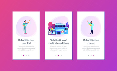 Therapist working with patient at rehabilitation center. Rehabilitation center, rehabilitation hospital, stabilization of medical conditions concept. Mobile UI UX GUI template, app interface wireframe