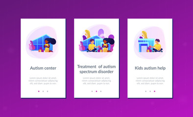 Children play in center giving information about treatment of ASD. Autism center, treatment of autism spectrum disorder, kids autism help concept. Mobile UI UX GUI template, app interface wireframe