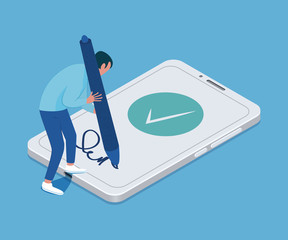 Electronic signature concept. Tiny man with a big pen in his hands and smartphone. Vector illustration