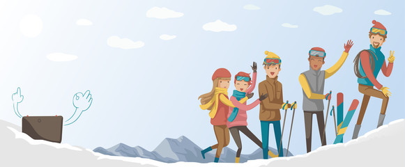  ski trips Youth group Taking pictures together.Mountain landscape snow.Modern lifestyle.Cutting edge concept technology of ai, robots in a mobile format.Imaginative design of future technology.