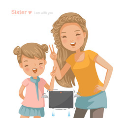 Sister older sister and sisters are shooting in the frame. The little girl and the younger sister together. Brotherhood, Hand sign, Keep trying, smile happily. Vector cartoon illustration