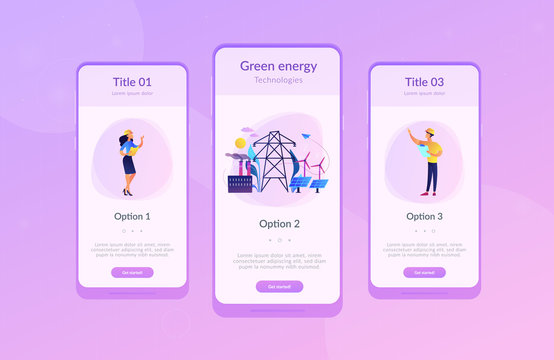 Engineer choosing power station with solar panels and wind turbines. Alternative energy, green energy technologies, eco-friendly energetics concept. Mobile UI UX GUI template, app interface wireframe