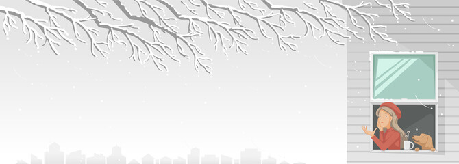 Winter season of city buildings in snow-capped scenery. Girl hands out of the window. Woman and pet her relaxes by winter view with a cup of hot drink. Winter and Christmas holidays concept. vector