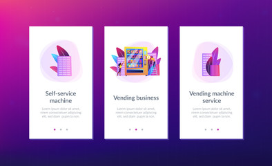 Consumer inserts dollar coin into vending machine and buys snacks and drink. Vending machine service, vending business, self-service machine concept. Mobile UI UX GUI template, app interface wireframe