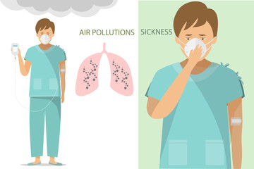 vector a man wearing a mask for protect dust and clothes for shirt patients with hand hold saline and iv tube intravenous
