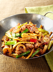 Delicious Chinese food, hot pepper and bamboo shoots fried meat

