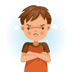 Angry boy. child in a red shirt is expressing anger. Excitement and frown. Cartoon characters, vector illustrations, isolated on white background.