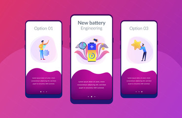 Engineers with battery charging and stars with rocket. Fast charging technology, fast-charge batteries, new battery engineering concept. Mobile UI UX GUI template, app interface wireframe