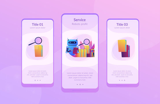 Robot doing repeatable tasks with folders and magnifier. Robotic process automation, service robots profit, automated processing concept. Mobile UI UX GUI template, app interface wireframe