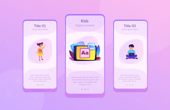Children at tablet and with laptop using kids friendly alphabet application. Kids digital content, kids friendly media, children apps concept. Mobile UI UX GUI template, app interface wireframe