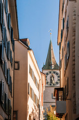 Old medieval clock tower in Zurich Old town Altstadt