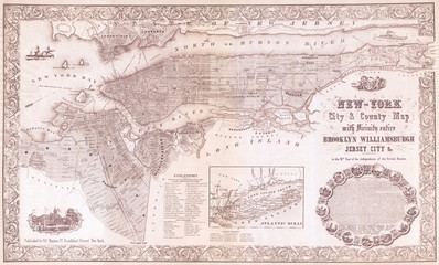 Fototapeta na wymiar 1855, Magnus Map of New York City and Brooklyn