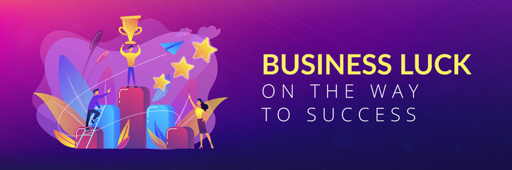 Naklejka premium Businessman holds a cup on top of column graph. Key to success and success story, business chance, on the way to success concept on white background. Header or footer banner template with copy space.