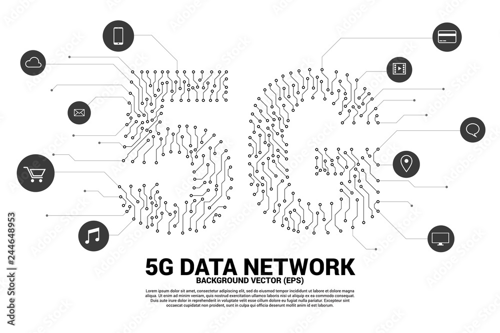 Poster 5G mobile networking from dot and line circuit board graphic style. Concept for mobile sim card technology and network.