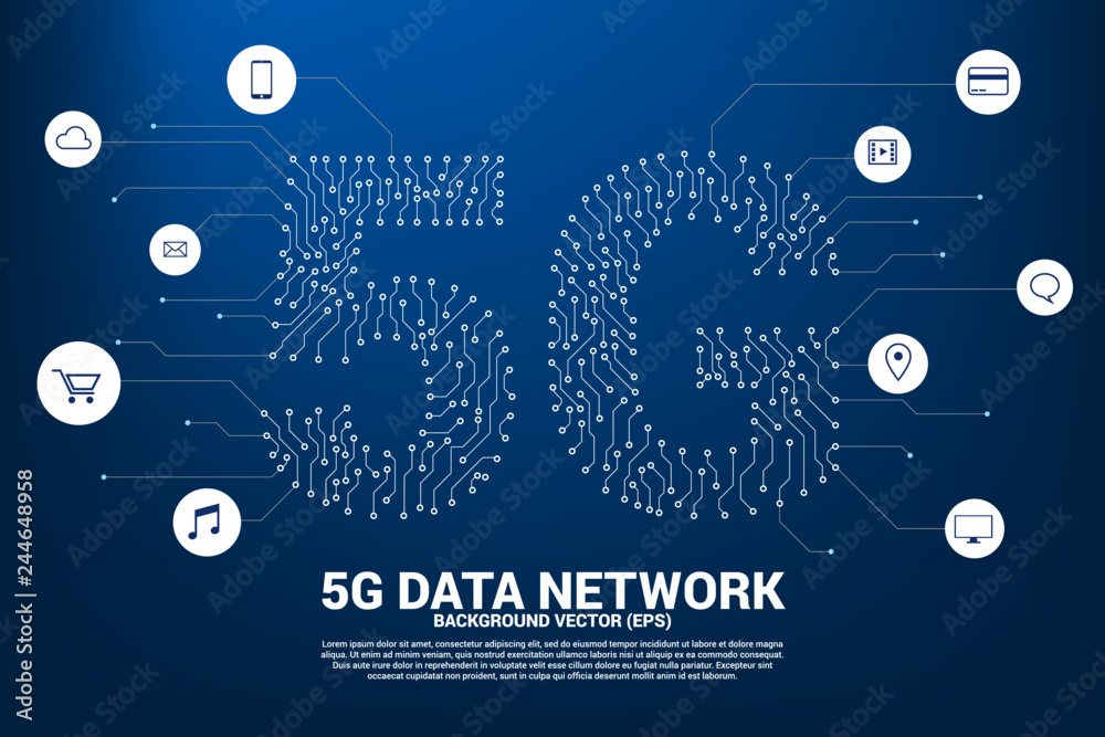 Aufkleber 5G mobile networking from dot and line circuit board graphic style. Concept for mobile sim card technology and network.