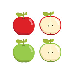 Set of cartoon red and green apple, whole and cut in half. Simple vector illustration.