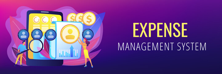 Specialists manage mobile expenses. Mobile expense management, expense management system, mobile device management and mobile network concept. Header or footer banner template with copy space.