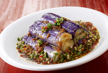 Delicious Chinese food, steamed eggplant with minced meat