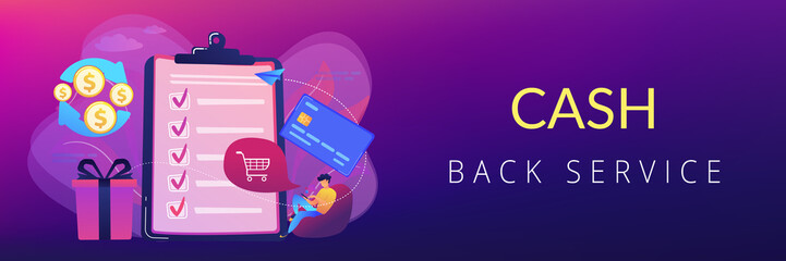 Cardholder with smartphone shopping online and getting cach rewards and checklist. Cash back service, cash back rewards, money back concept. Header or footer banner template with copy space.